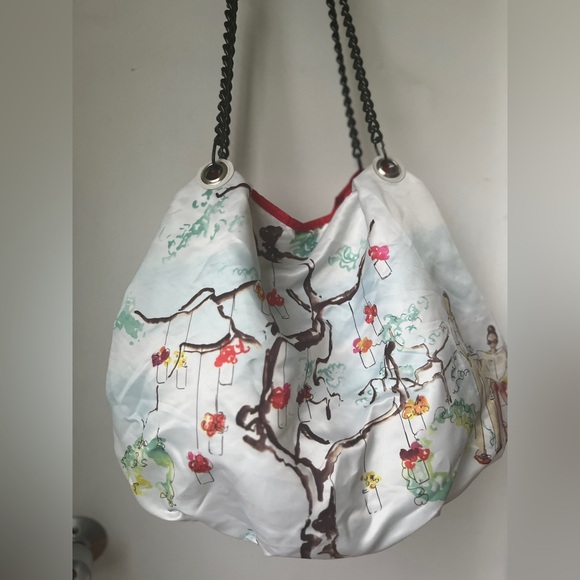 DSW Reversible Purse Bag Black Striped Lady Tree Walking Dog Couple Park Bench - Picture 4 of 13